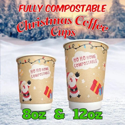 Christmas Compostable Coffee Cups - 2 Sizes